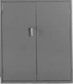 A gray metal cabinet with double doors and a simple handle, standing closed. The cabinet is plain and industrial in appearance, with small hinges visible on each side of the doors.