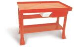 An orange workbench featuring a flat top, a drawer on the right side, and two shelves beneath offers sturdy, reinforced legs and design elements inspired by clean room equipment.