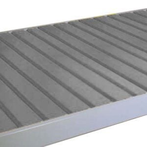 A close-up of a corrugated metal sheet with parallel ridges, used in roofing or siding. The sheet is gray with a slightly reflective surface, captured at an angle to show its texture.