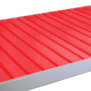 A metallic red roof panel with a ribbed design is shown. The panel features parallel raised ridges and a smooth finish, bordered by a silver edge.