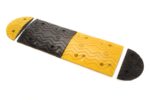 The TCT 5-10 MPH Speed Bump features a modular design with alternating yellow and black sections on a white background. Each section is 15 wide, 39.5 long, and 2 tall with a zigzag pattern, bolted together using half-circle end pieces.