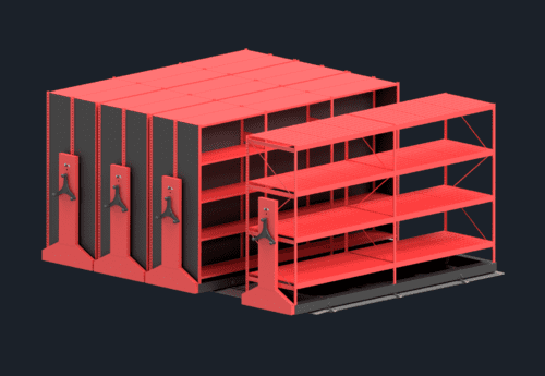 Red modular shelving units on a black backdrop showcase the Preconfigured Mobile Aisle #3, complete with adjustable shelves on rails. Some units are closed while others feature empty shelves, highlighting customizable storage possibilities.