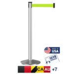 The Visiontron 300 Series Satin Stainless Steel Stanchion features a retractable neon yellow belt, Made in USA label, and 10 Yr Coverage. Images highlight its versatile 10 belt with options like CA AU +7 multicolors.