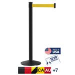 A Visiontron 300 Series Crowd Control Black Stanchion with a yellow 10 retractable belt, made in the USA, features a 10-year warranty badge. A color chart shows black, yellow, and red options with +7 for more colors.