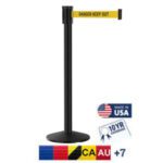 A Visiontron 320 Series black stanchion with a 15 yellow Danger-Keep Out belt is prominently displayed. Made in the USA, it features labels with Canada and Australia flags and comes with a 10-year guarantee.