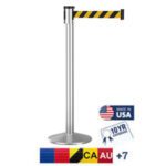 The Visiontron 320 Series Long Span Stanchion features a 15 yellow and black striped retractable belt on a satin stainless steel post. Made in USA with a 10-year guarantee, it supports international use, including Canada and Australia.