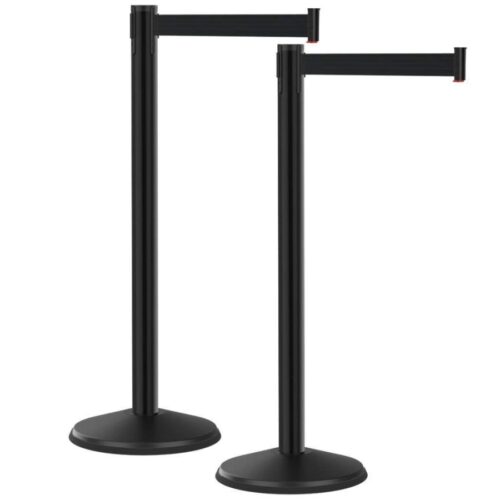 The Visiontron Prime Black Steel Crowd Control Barrier Post Set of 2 includes two black stanchions, each featuring a sturdy round base and 10′ retractable belts, ideal for managing crowds or creating queues.