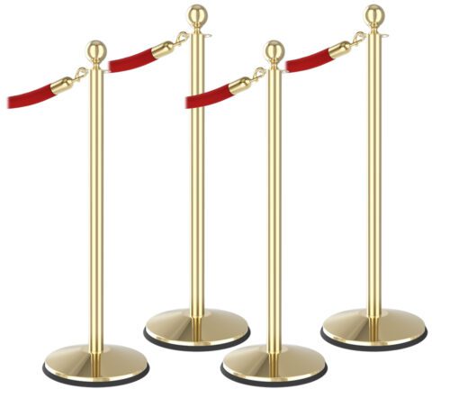 Four Visiontron Prime Ball Top Stanchion Bundles with red ropes form a zigzag pattern, hooking onto polished gold poles to create an elegant barrier against a crisp white background.