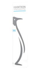 The Visiontron Premium Versa-Stand Sign Inserts display a minimalist gray penguin wearing a blue bow tie, with VISIONTRON. The People Guidance Pros. at the top. Available in four sizes, the sign is tall and rectangular.