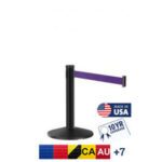 The Visiontron Mini Display 23 Tall Black Stanchion features a retractable purple 10 belt, proudly displaying a Made in USA badge and 10 Year Coverage label, with flags and symbols at the base.