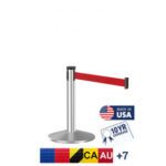 A Visiontron Mini Display stanchion made of satin stainless steel stands 23 tall with a 10 red retractable belt featuring USA, Canada, and Australia flags. It includes Made in USA and 10 Year Coverage logos, ideal for museums.