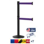 The Visiontron Dual Line 300 Series Crowd Control Black Post, with two 10 retractable purple belts, is made in the USA and comes with a 10-year warranty. Compatible belt colors such as blue, red, and yellow allow a versatile setup.