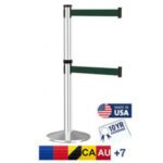The Visiontron Dual Line 300 Series Crowd Control Polished Aluminum Post features dual 10 green belts and international flags, including the USA and Australia. It carries a Made in USA label and a 10 Year Warranty badge.