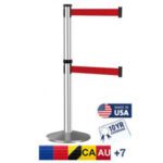 The Visiontron Dual Line 300 Series Crowd Control Satin Stainless Steel Post features dual 10 red retractable belts, a 10-year guarantee, and is made in the USA. It comes in black, blue, yellow, and red color options.