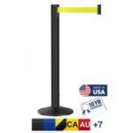The Visiontron Grooved Black Post Retractable Belt Stanchion with a 9 yellow belt extends right, featuring a U.S. flag logo with Made in USA and 10YR WARRANTY. Tape color options include black, blue, yellow, and more.