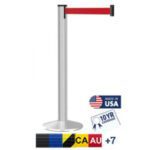 The Visiontron Grooved Matte Aluminum Post, featuring a silver pole and a 9 red belt, boasts Made in USA quality with a 10-year warranty. It offers black, blue, yellow, and red belt options. Also marked with CA, AU, and +7.