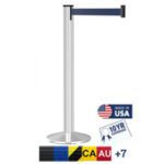 The Visiontron Grooved Polished Aluminum Post Retractable Belt Stanchion offers a 9 black belt in silver, is Made in USA, and includes a 10-year warranty. It has color options and regional availability codes like CA and AU.