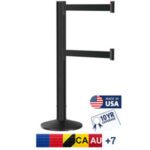Displayed elegantly is the tall, black dual-arm monitor stand featuring Made in USA with a flag, 10YR Coverage warranty seal, and international flags. Its design mirrors the quality craftsmanship of Visiontron Dual Line Grooved Crowd Control Black Post, 9 Belt products.