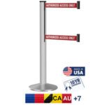 The Visiontron Dual Line Grooved Crowd Control Matte Aluminum Post features a sleek design with two 9 red AUTHORIZED ACCESS ONLY belts. Its labeled Made in USA and displays flags from the USA, Canada, Australia, and more.