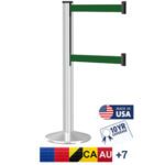 The Visiontron Dual Line Grooved Crowd Control Polished Aluminum Post features two green 9 retractable belts, USA logos, a 10-year warranty, and flags from countries including Canada and Australia.