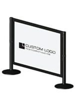 Meet the Visiontron Heavy Duty Panel System: a freestanding barrier with a sturdy frame and two round bases, featuring a large white panel ready for your logo and text, inviting you to boldly display YOUR COMPANY NAME HERE.