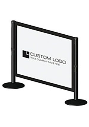 HD_panel_system_branded.jpg Meet the Visiontron Heavy Duty Panel System: a freestanding barrier with a sturdy frame and two round bases, featuring a large white panel ready for your logo and text, inviting you to boldly display YOUR COMPANY NAME HERE.