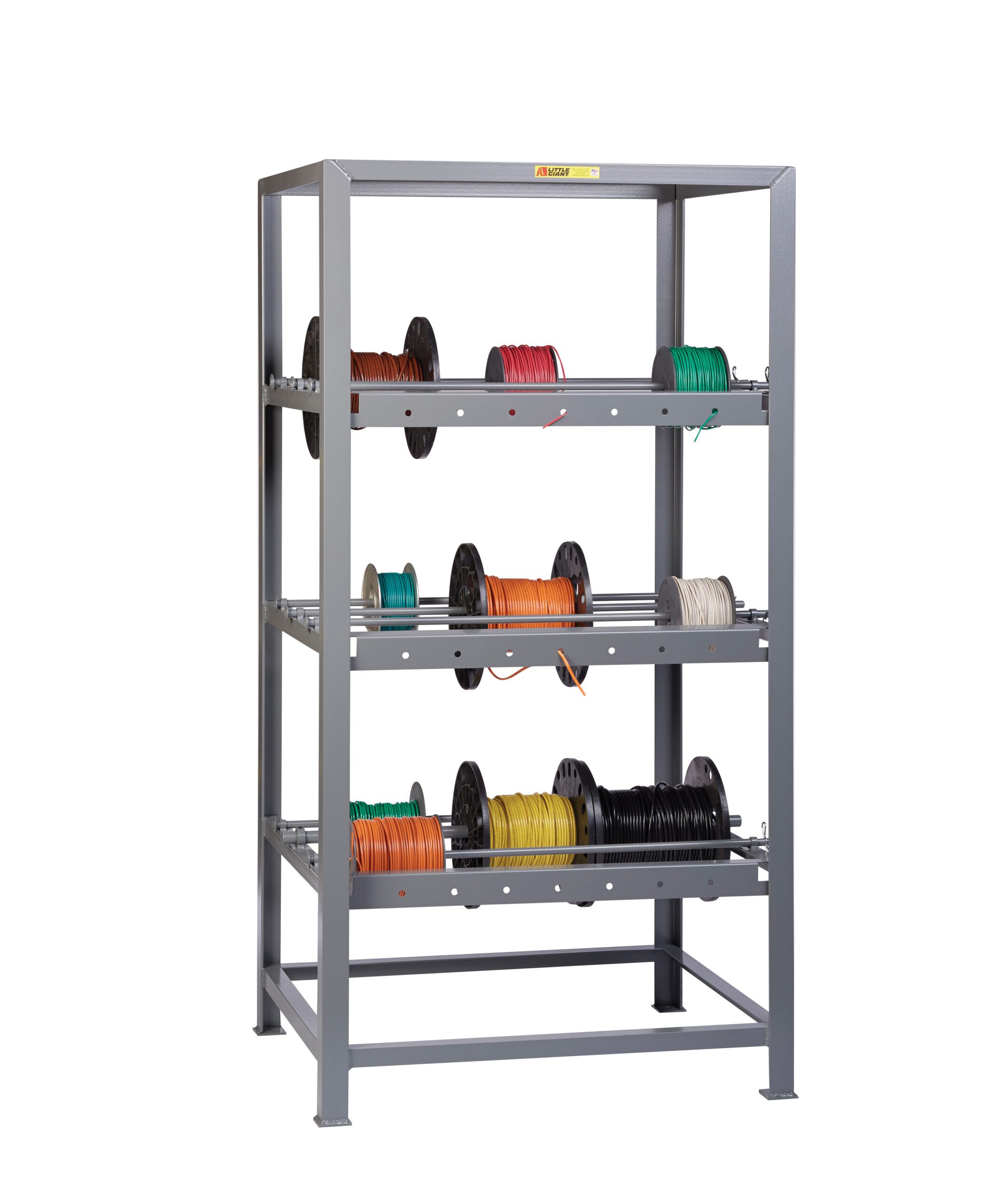 All-welded steel wire reel rack with multiple shelf levels holding coils and spools of cable