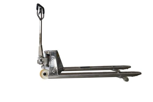 The MH-USA Stainless Steel Manual Pallet Jack boasts a silver metal frame, black handle, small front wheels, and larger rear wheels for smooth mobility. It features Ecolift on its side and is perfect for lifting and moving pallets.