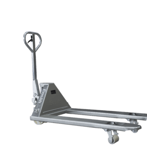 The MH-USA Galvanized Manual Pallet Jack features a sleek silver finish, sturdy handle, and two long forks on wheels, ideal for lifting and transporting pallets. Its industrial elegance is highlighted against a plain white background.
