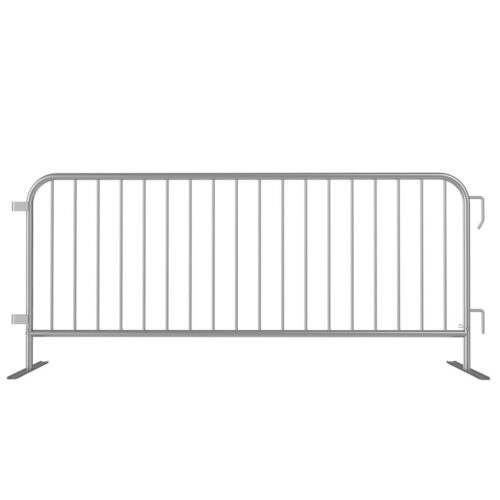 The Visiontron Interlocking Metal Bike Rack Steel Barricade features vertical bars, side hooks, and flat feet for stability. Perfect for temporary use at events or construction sites, it efficiently guides people or restricts access.