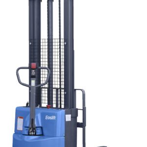 The MH-USA Full Electric Stacker - Model T15J is a blue and black machine with lifting forks, a vertical mast, handle controls, and a safety grid for warehouse efficiency.
