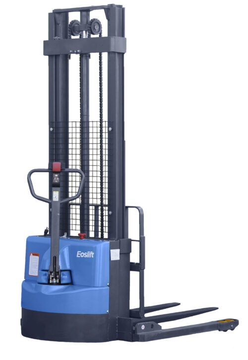 The MH-USA Full Electric Stacker - Model T15J is a blue and black machine with lifting forks, a vertical mast, handle controls, and a safety grid for warehouse efficiency.