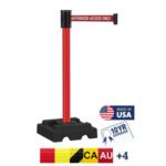 The Visiontron Utility Safety 300 Series features a red retractable belt with Authorized Access Only, a sturdy black base, and a Made in USA tag. It supports bands CA, AU, and +4, spans 15 feet, and includes a 10-year coverage.