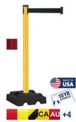 The Visiontron Utility Safety 300 Series Stanchion features a yellow post, a retractable black belt barrier up to 10, and a sturdy black base. It is made in the USA, comes with a 10-year warranty, and includes flag icons for international compatibility.