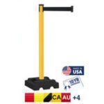The Visiontron Utility Safety 300 Series Yellow Post Stanchion features a black design with a 10 belt, USA-made quality, and comes with a 10-year warranty, making it perfect for use in CA and AU.