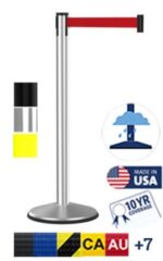 The Visiontron Outdoor 300 Series Retractable Belt Barrier features a 10 red belt, with optional black, yellow, and silver swatches. Its USA-made, comes with a 10-year warranty, and is outdoor-rated. Additional belt colors include CA and AU.