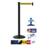 The Visiontron Outdoor 300 Series Retractable Belt Black Aluminum Barrier includes a yellow Caution-Do Not Enter band, a USA flag symbol, Made in USA label, and 10YR Coverage text. Images of the 10 belts color options are shown below.