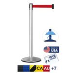 The Visiontron Outdoor 300 Series Retractable Belt features a satin stainless steel barrier, silver stanchion, and a 10 red belt. Icons include Made in USA, rain and wind resistant, 10YR Coverage, with color options black, blue, yellow, and red.
