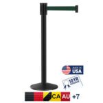 The Visiontron Outdoor 320 Series features a sleek black stanchion with a dark green, 15 retractable belt, an American flag, Made in USA label, and 10 Year Coverage symbol. A color swatch displays multiple options.