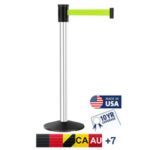 Pictured is a Visiontron Outdoor 320 Series Long Span Crowd Control Polished Aluminum Stanchion, 15 vibrant green retractable belt, labeled Made in USA and 10YR Coverage, with flags for Canada, Australia, and a +7 for more regions.