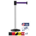 The Visiontron Outdoor 320 Series Stanchion comes with a 15 retractable purple belt and displays Made in USA, 10-Year Coverage, and flags from Germany, Canada, Australia, and more.