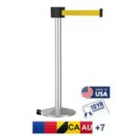 The Visiontron PM412 Series Outdoor Satin Stainless Steel Post Mount features a 30 metallic retractable yellow belt, displays icons like Made in USA with a U.S. flag, 10YR Warranty, and international flags with +7 for additional countries.