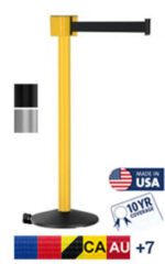 The Visiontron PM412 Series Outdoor Long Span Retractable Post Mount in yellow comes with a black 30 belt. Available in black and gray, it features Made in USA, 10-year coverage icons, and flags of Canada and Australia.