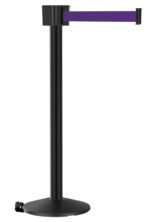 A black retractable stanchion with a purple belt extending to the right. The stanchion stand is cylindrical with a round base. A black latch is visible at the end of the purple belt.