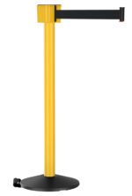 A yellow stanchion with a black retractable belt extension. It stands on a round black base, commonly used for crowd control or line management.
