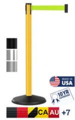 A Premium Outdoor Visiontron Retractable Belt Post is yellow with a black base, and a 10 green belt. It includes samples (black, gray, silver), has logos indicating USA manufacture, offers a 10-year warranty, shows flags of CA and AU, and comes with a sign.