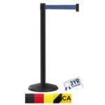 Introducing the Visiontron Prime Black Steel Crowd Control Barrier Post with a blue 10′ retractable belt, circular base, and 3YR three-year guarantee emblem. Choose from additional belt colors: black, red, yellow.