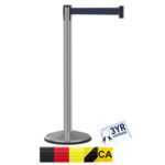 A Visiontron Prime Satin Stainless Steel Crowd Control Barrier Post with a 10′ retractable black belt and a silver post is displayed. A small icon shows a three-year warranty. Samples of red, yellow, and black belts are labeled CA.