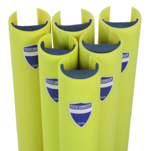 Seven yellow MH-USA Rack Armour column protectors, each with blue labels and dimensions of 3 wide x 1 5/8 deep, designed to shield lower rack sections. Featuring a curved open top, they offer optimal protection for racking columns.