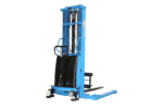 The MH-USA Semi-Electric Stacker - Model S15J is a blue manual pallet stacker with a vertical handle and lifting platform, featuring a hydraulic lift mechanism, exposed gears, and chains for enhanced mobility on four wheels.